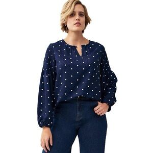 Ellos Polka Dot Blouson Sleeve Keyhole Navy Blue White Blouse 1X (22-24)